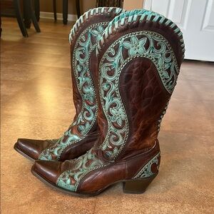 Brown and Teal Western Cowboy Boots